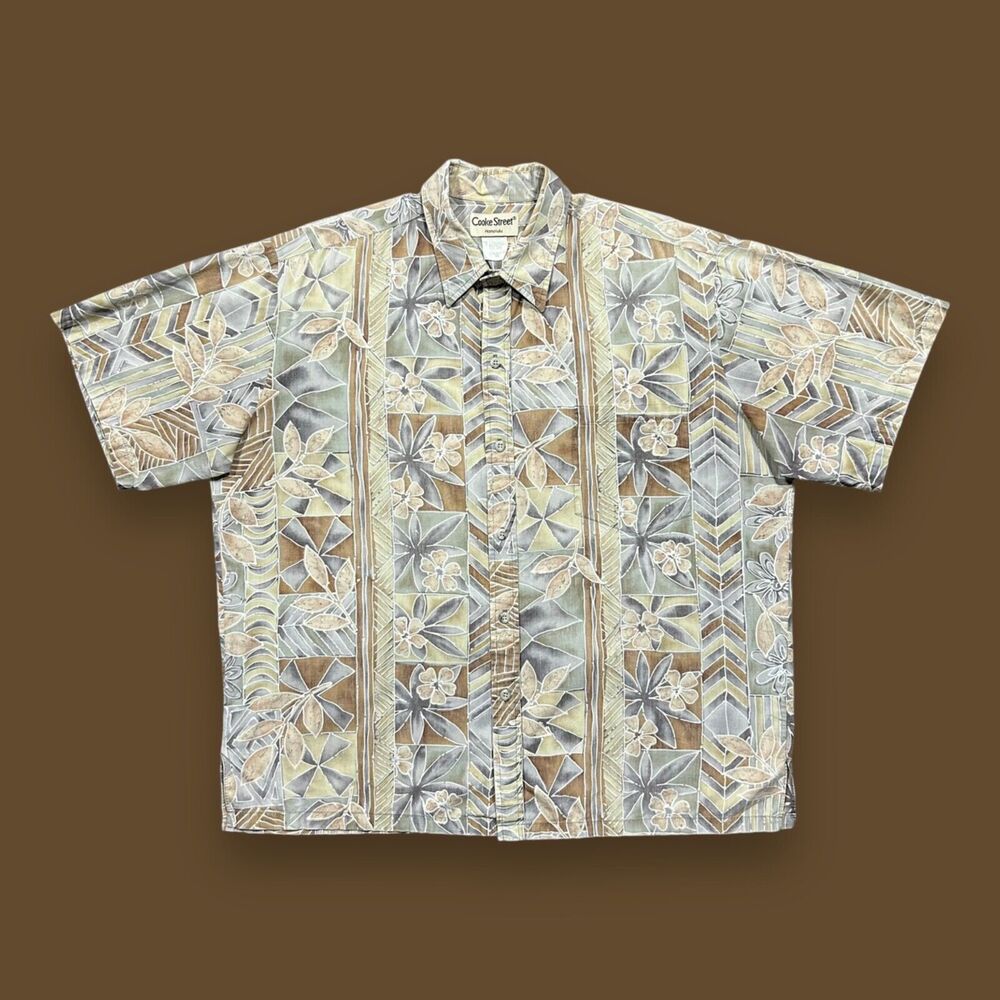 Vintage Hawaiian Shirt Tropical Print Button Up 90s Cotton Beige XL